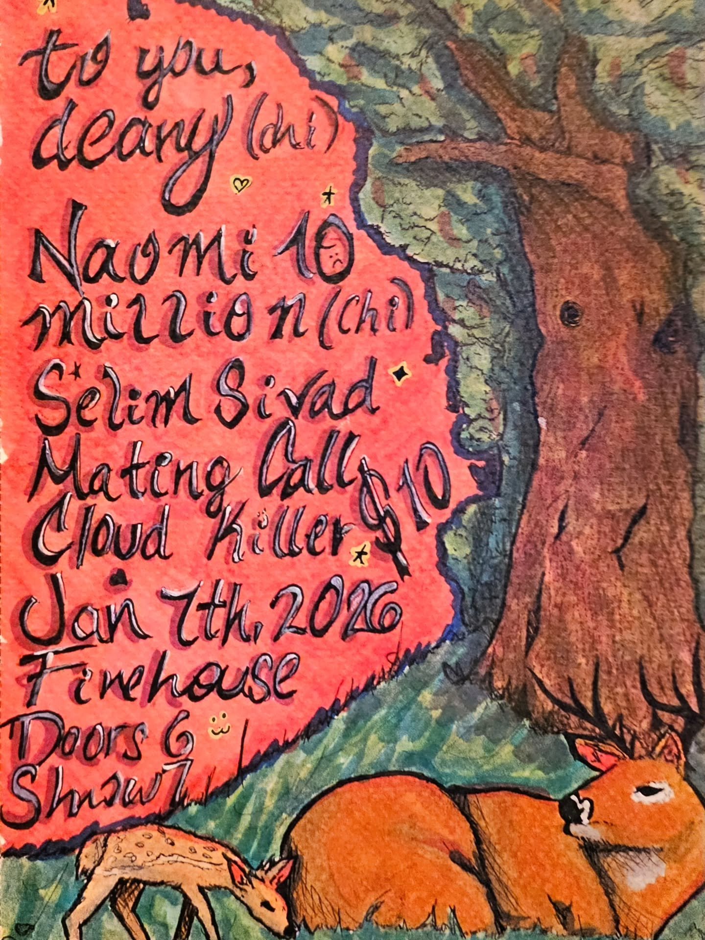 Emo show coming up in a couple weeks, mark ur calendars! @toyoudeary and @naomi10million coming through on tour with support from the best of the best party rockers in Selim Sivad, @matingcallband, and @cloudkilleral! $10 / music at 7 🫶💖 handpainte