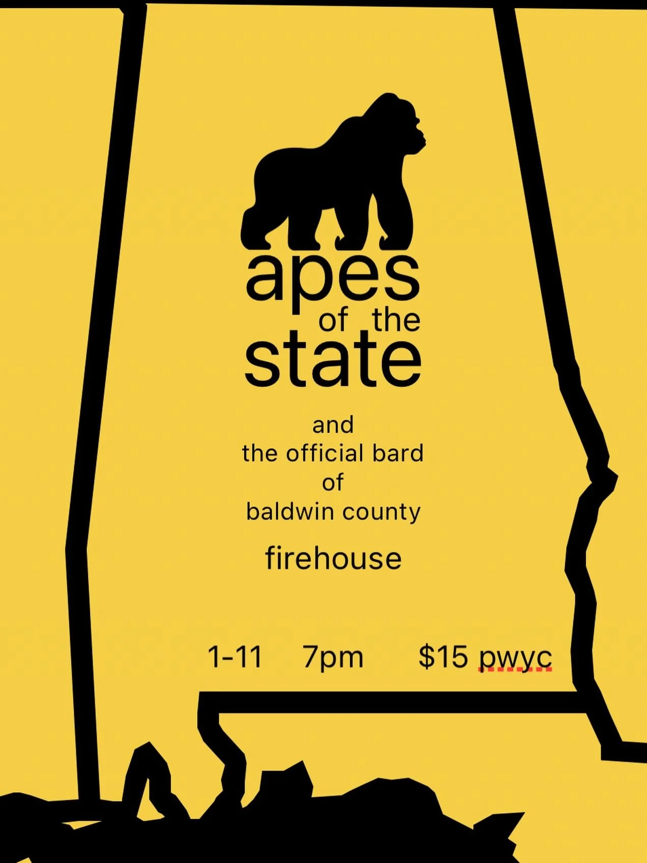 🦍🦍🦍 TONIGHT 🦍🦍🦍

Real-deal modern folk punk legends APES OF THE STATE hit Birmingham&rsquo;s oldest DIY spot for a legendary night&hellip;. Featuring the south&rsquo;s darling THE OFFICIAL BARD OF BALDWIN COUNTY. This is a big one&hellip;. Do n