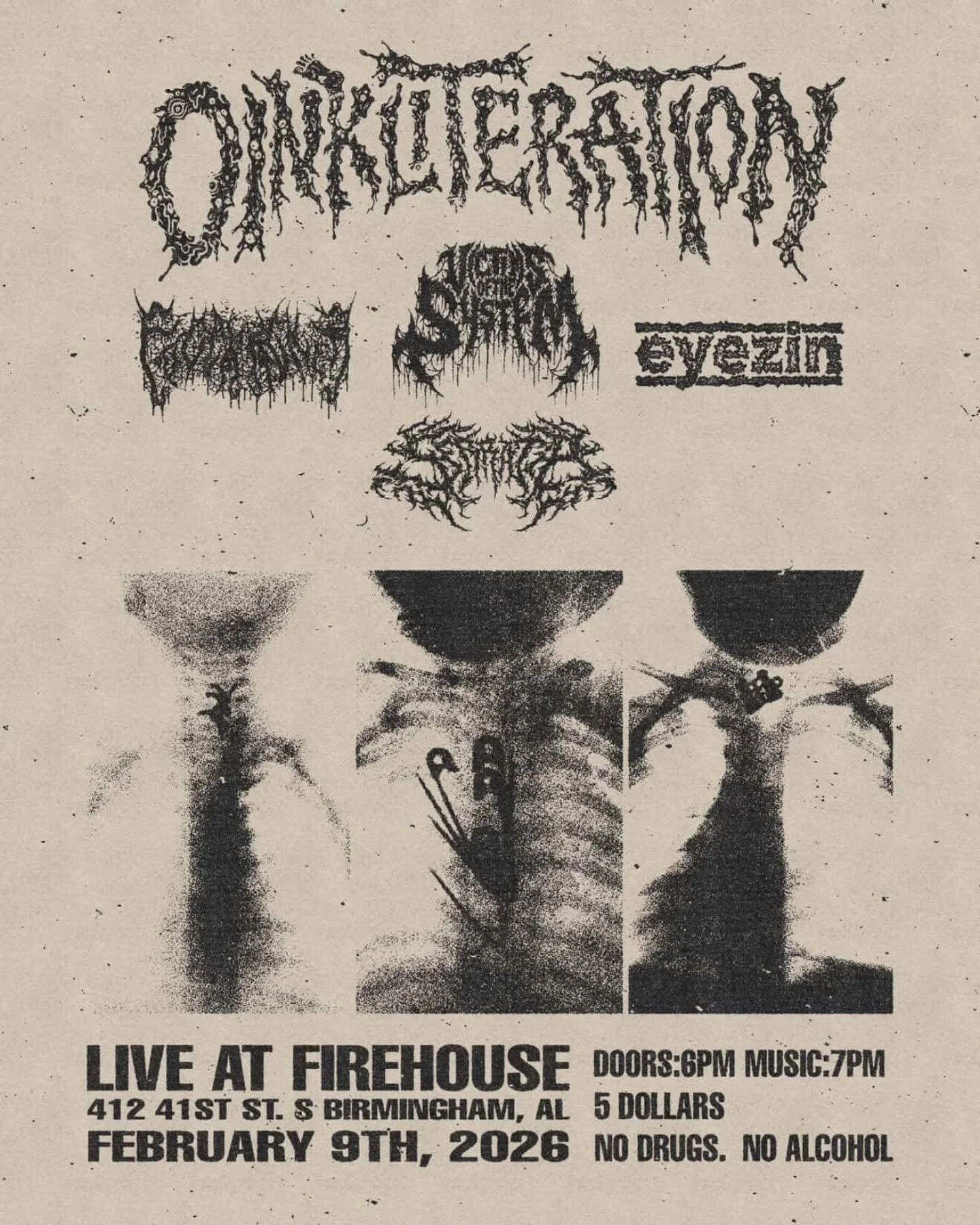 Slamming swamp brutality from @oinkliteration &amp; @fogcrawleral kicking off their tour right here in beautiful bham + support from @_victimsofthesystem_ @eyezinhc and @serratiadeath making sure this monday night is one to remember, this is $5 and a