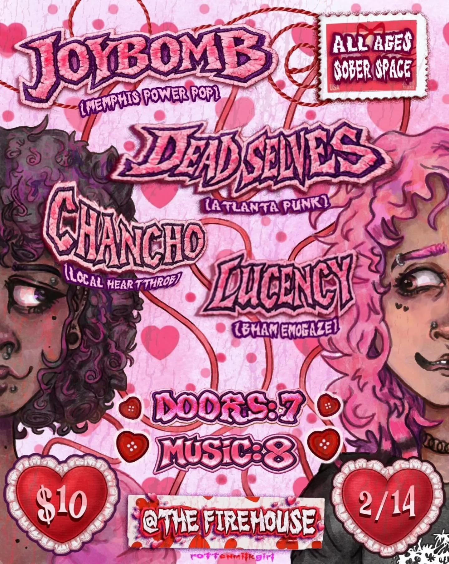 Valentine's day is right around the corner 💖 and we've got the perfect show for all the lovers out there with @joybombofficial, @deadselves, @chancho.bmt, &amp; @lucencyband - bring ur sweetheart or meet someone new 🫶

Flyer by @rottenmilkgirl