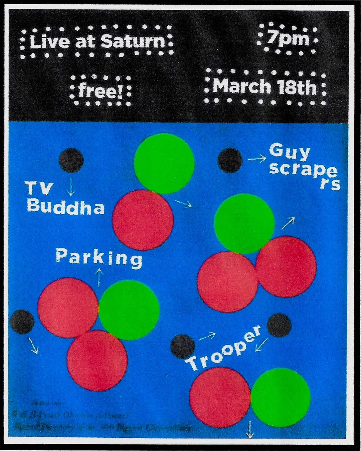 3/18 at Saturn, Chicago&rsquo;s @tv__buddha play a free show with @guyscrapers @parkingbandus &amp; your fav @trooperswrld 🎸 ffo: noisy pop, beach boys, velvet underground, &amp; similar 

don&rsquo;t miss out!