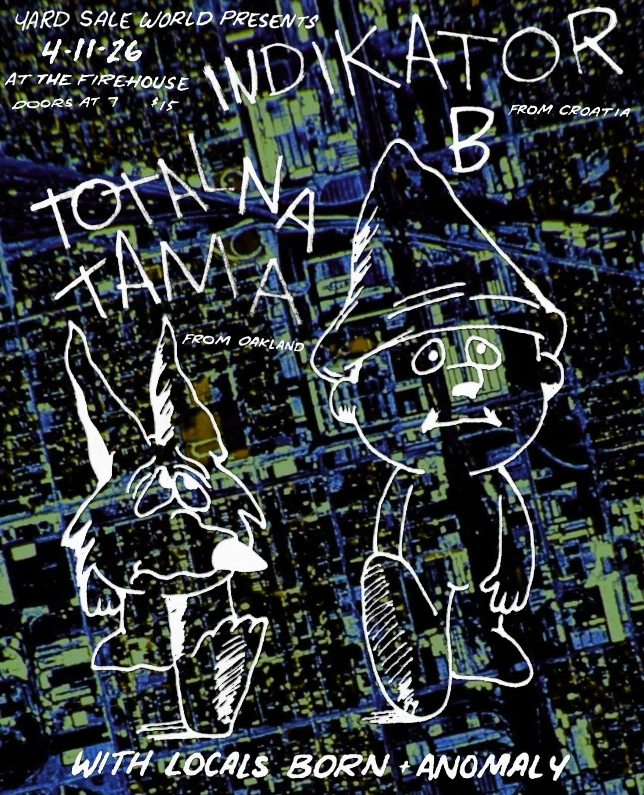 📣INTERNATIONAL PUNK GIG ANNOUNCEMENT! 📣 
INDIKATOR B is coming all the way from fucking CROATIA to play loud music for you idiots and ingrates on April 11th! Joined by TOTALNA TAMA (who are actually based in OKLAND but is a band of people who are a