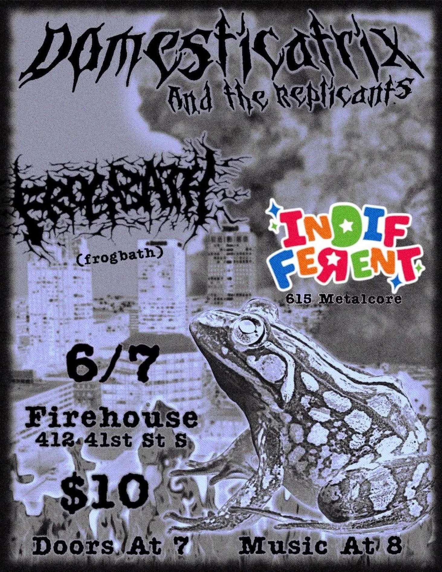 We got @frogbath.zzz and @indifferent.tn_hc coming through with their friends in @domesticatrix_industrial_noise and her lovely replicants! Frog bath rocks, as does indifferent, so make it out for a sick show!