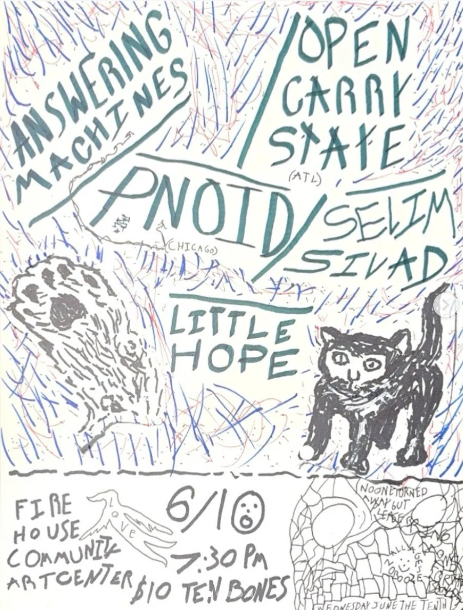 Wednesday June tenth! We gotta a little song and dance night for ya at the Firehouse! 

We got @answeringmachines_musik and P.Noid comin' down from Chicago to make you dance and laugh and have fun! 

We got @opencarrystate from good ol' Atlanta blast