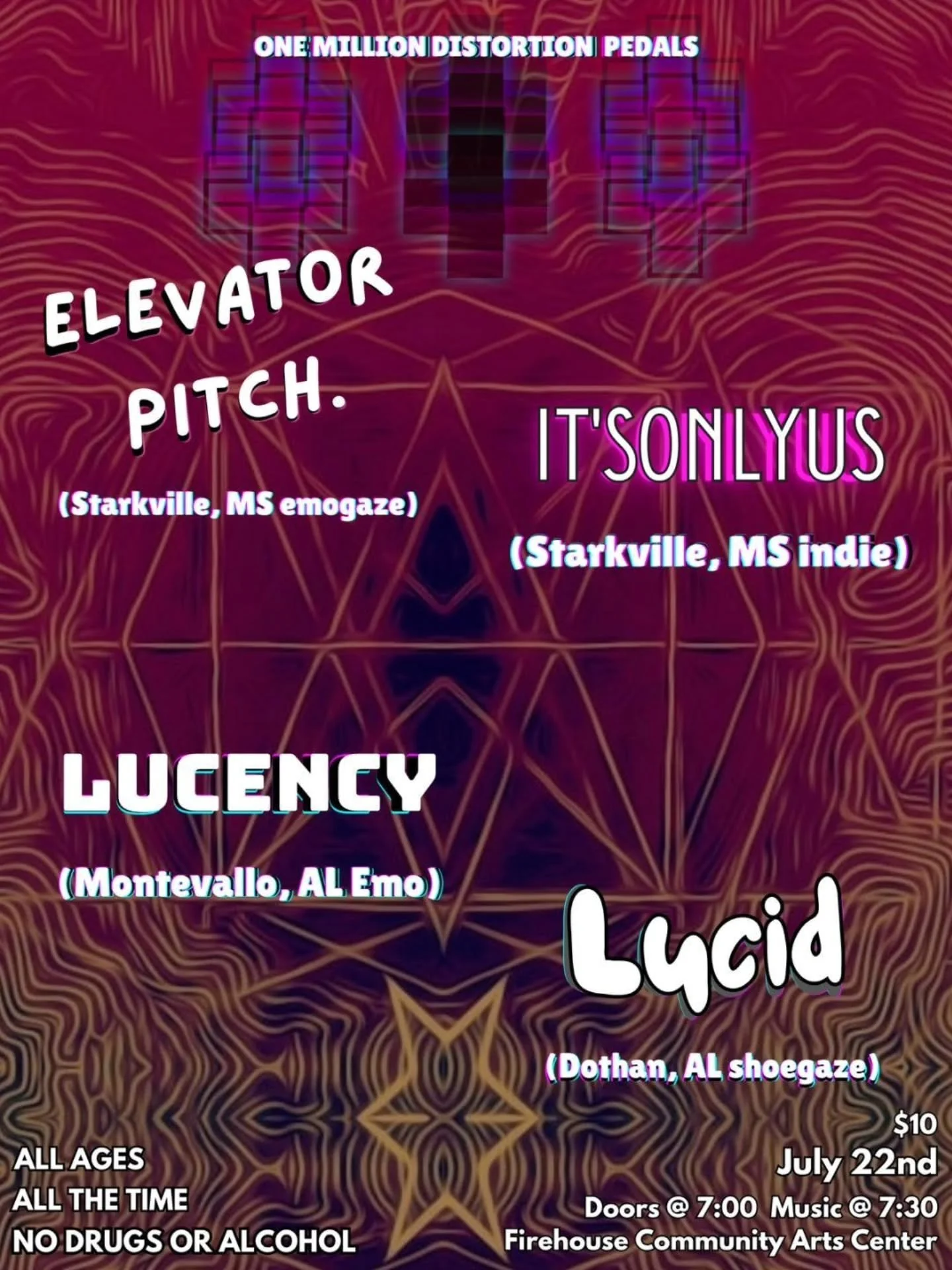 Southeast shoegaze seminar coming up later this month with Starkville's own @elevatorpitch.ms and @itsonlyus.band + @lucencyband reminding u how it's done + @gazelucid coming up from Dothan for their first Firehouse show! Bring earplugs and a feeling