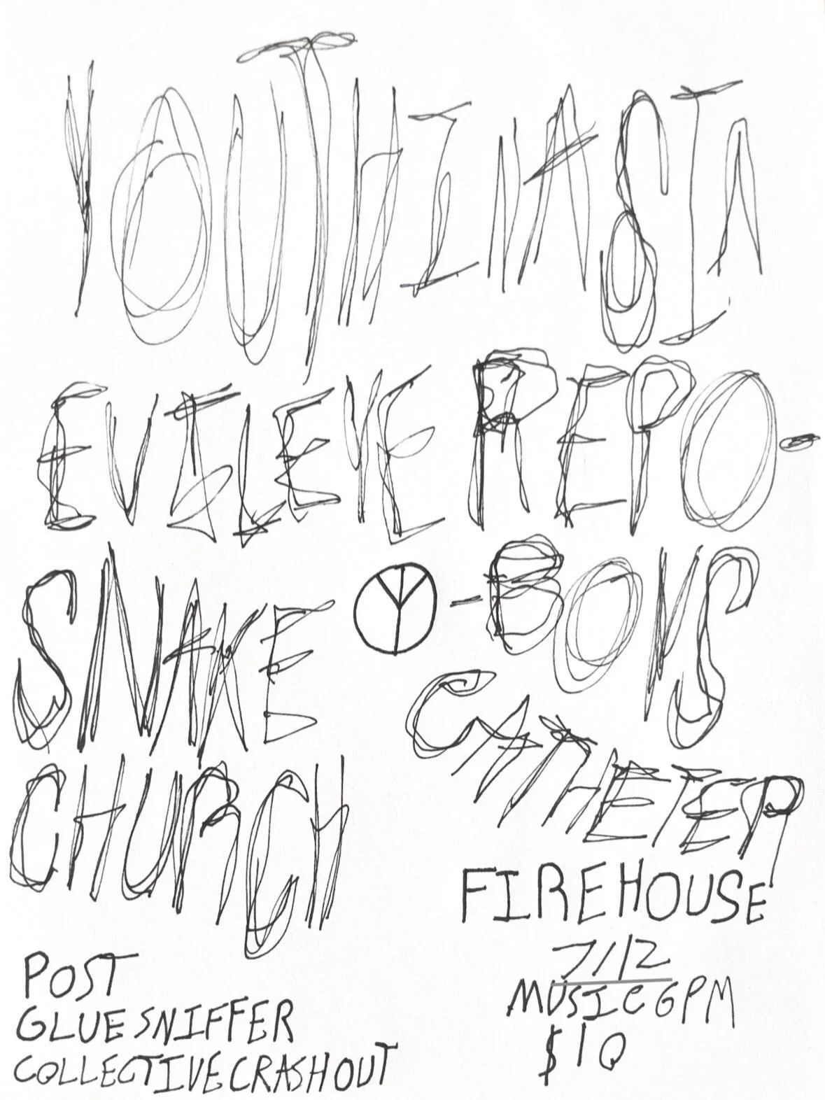 LAST MINUTE GIG THIS SUNDAY!
Youth in Asia
Evil Eye
Repo-Boy
Snake Church
Catheter
$10 Music 6pm Sunday at the Firehouse