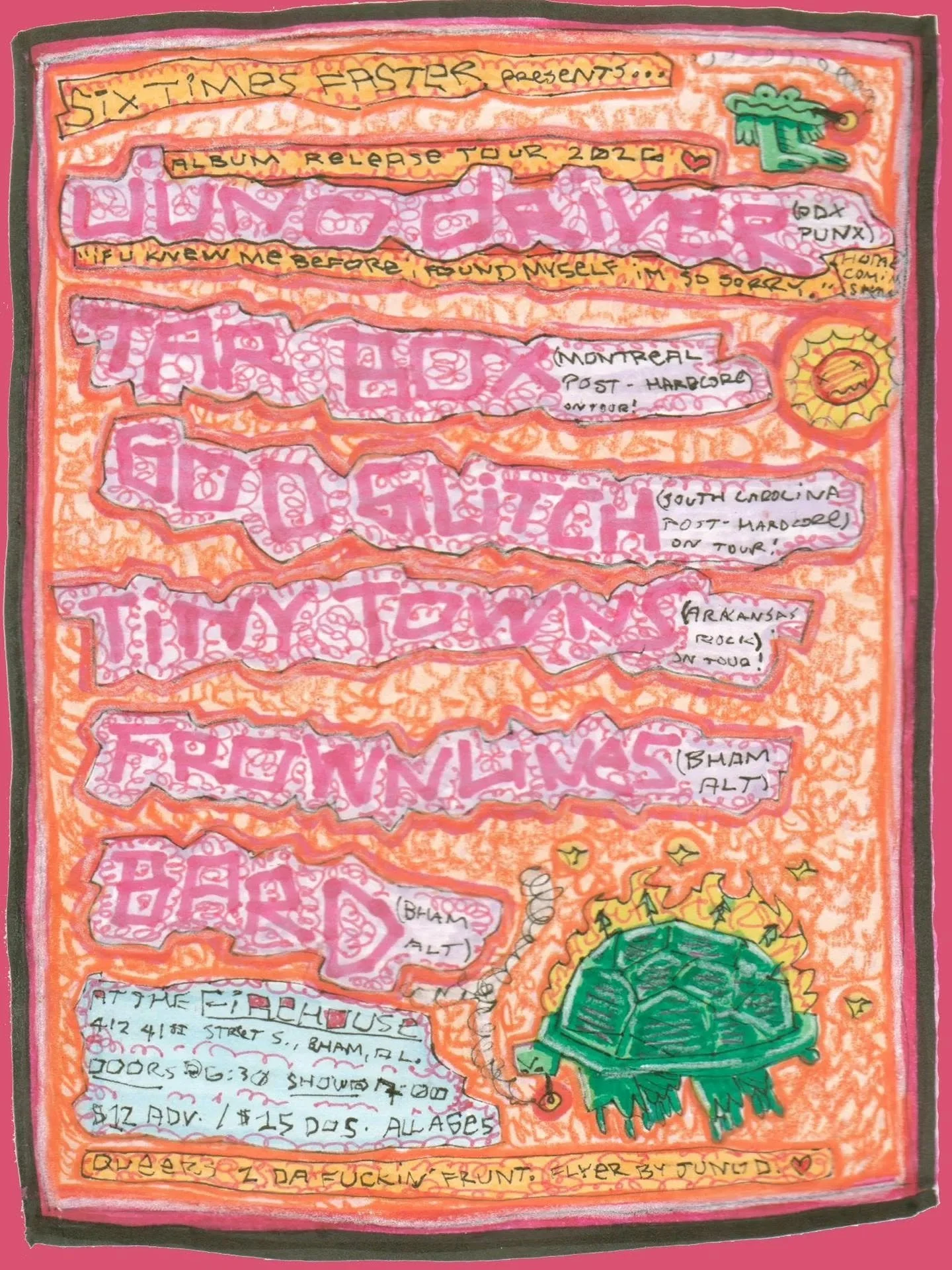 Mixed bill show coming up! @juno.driver making her triumphant return to bham, @tarboxband post-hardcore all the way from Montreal, @god_glitch.music post-hardcore from South Carolina, and @tinytownsband rocking from Arkansas! Local support from Frown