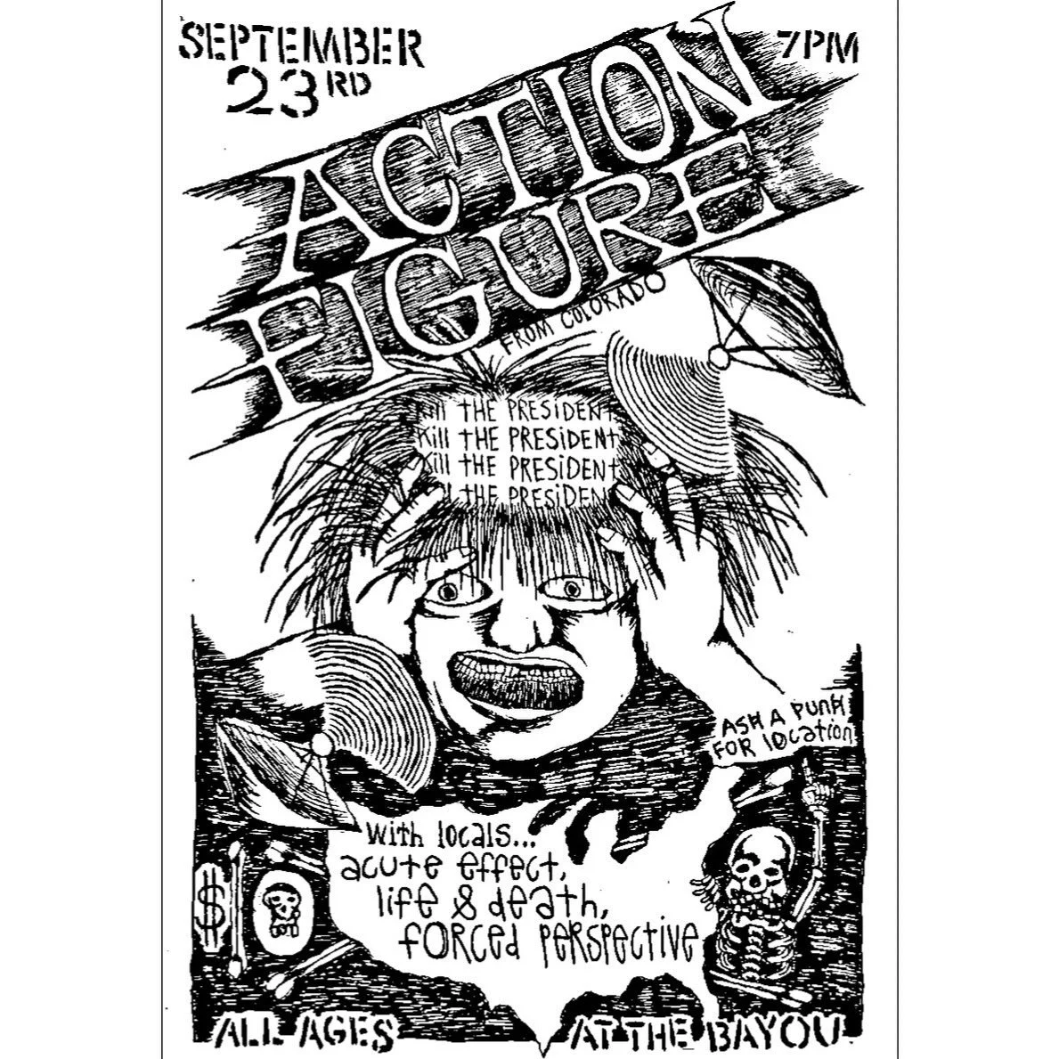 Hearing things? Experiencing the effects of signal-to-brain technology? We are here for you. Come join your like minded affiliates at The Bayou 9/23 with ACTION FIGURE, ACUTE EFFECT, LIFE &amp; DEATH and FORCED PERSPECTIVE. Bring $10 and ask a crazy 