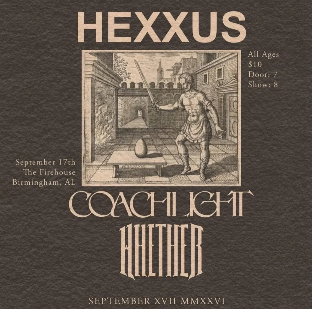 THURSDAY! Local heavyweights @hexxusband return with pals @coach_light_band and @whetherrulez ! Be there! Sober space, no turn away!