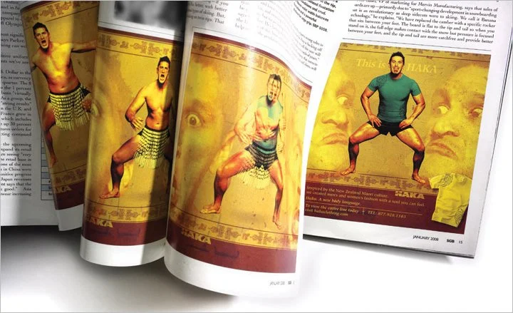Quarter-page consecutive advertisement for Haka apparel
