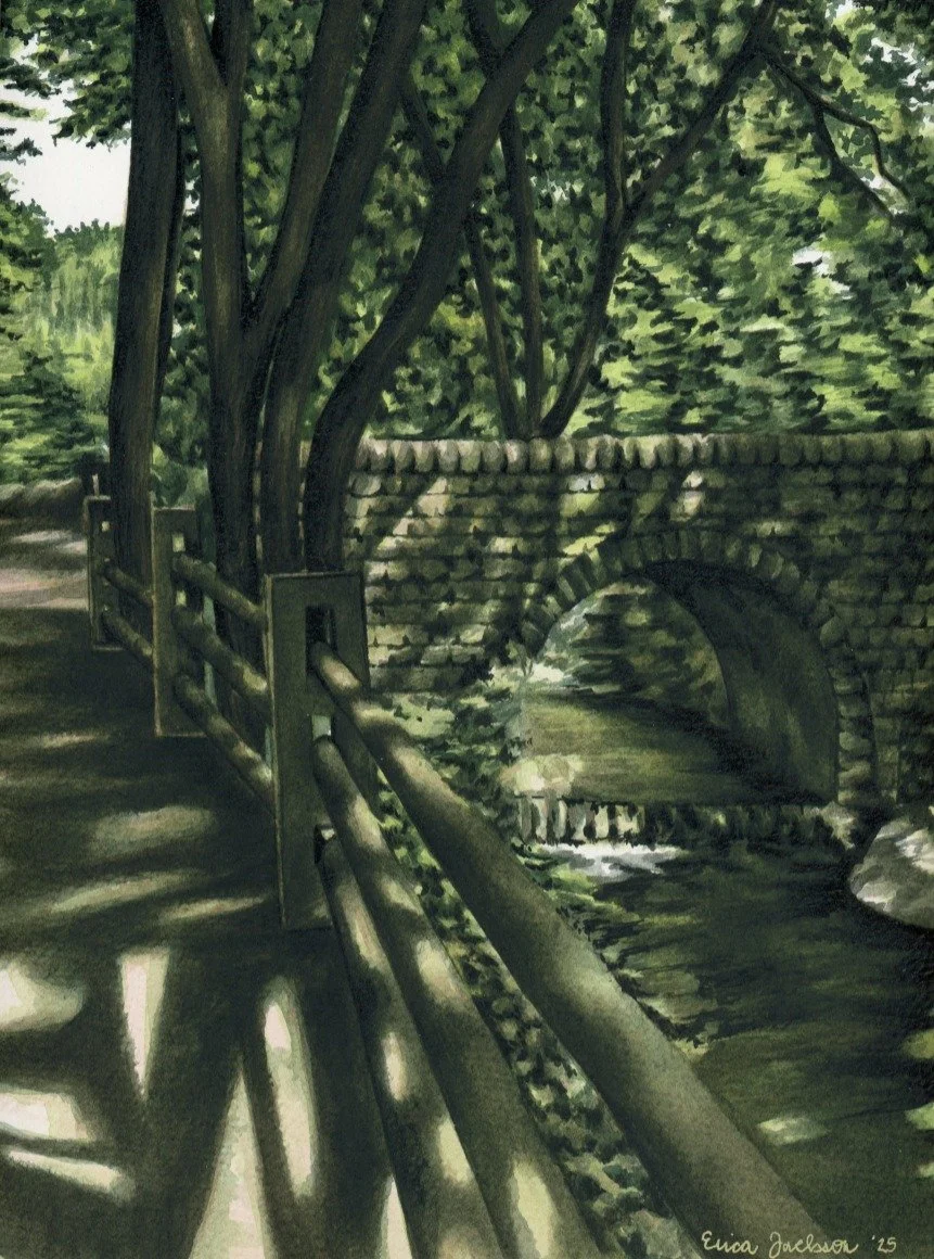 A Bridge Among the Trees
9 x 12, Fluid Acrylics on Paper, 2025

I finished the above painting this past month. It was inspired by a walk I took on the Wissahickon Bike Trail last summer. The entire time I was walking on this trail I enjoyed that desp