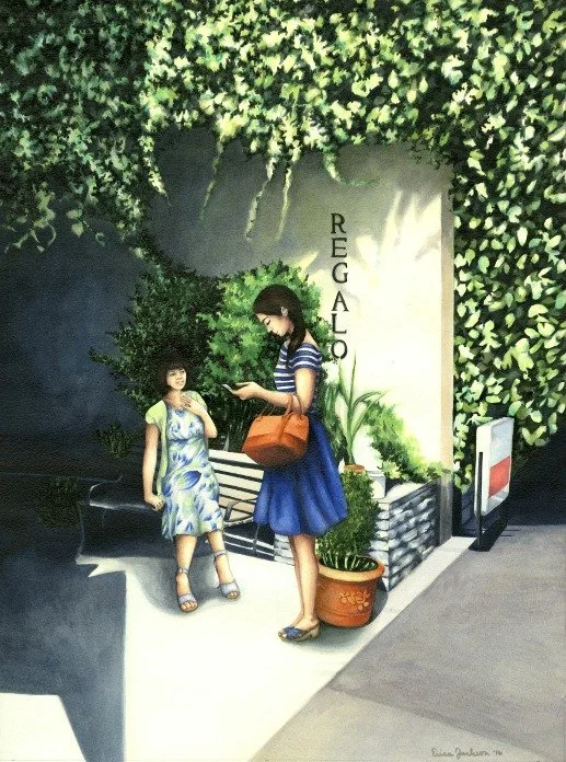 Taking a Break
15.5 x 20.75, 2016, Fluid acrylics on Paper

This painting was part of a series I created inspired by a trip I took to Japan. While I was there I was struck by the juxtaposition of old versus new in architecture and lifestyle. For the 