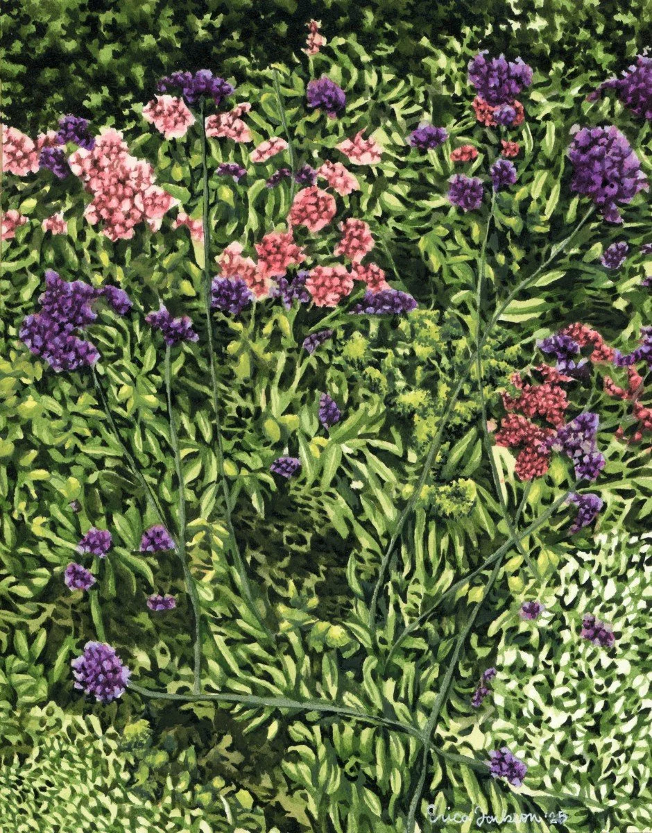 Summer Garden in Full Bloom
7 7/8 x 9 7/8, Fluid Acrylics on Paper, 2025

The recent piece I finished was inspired by a day trip I took with my fianc&eacute; to Morris Arboretum last summer. I loved the variety of flowers and greenery that were sprea