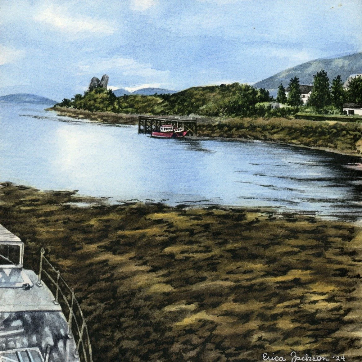 My latest series was sparked by a trip to Scotland, where I was captivated by the moody colors, expansive vistas, and the striking contrasts between water, land, sky, and ocean. The blend of historic architecture, untouched landscapes, and lush green