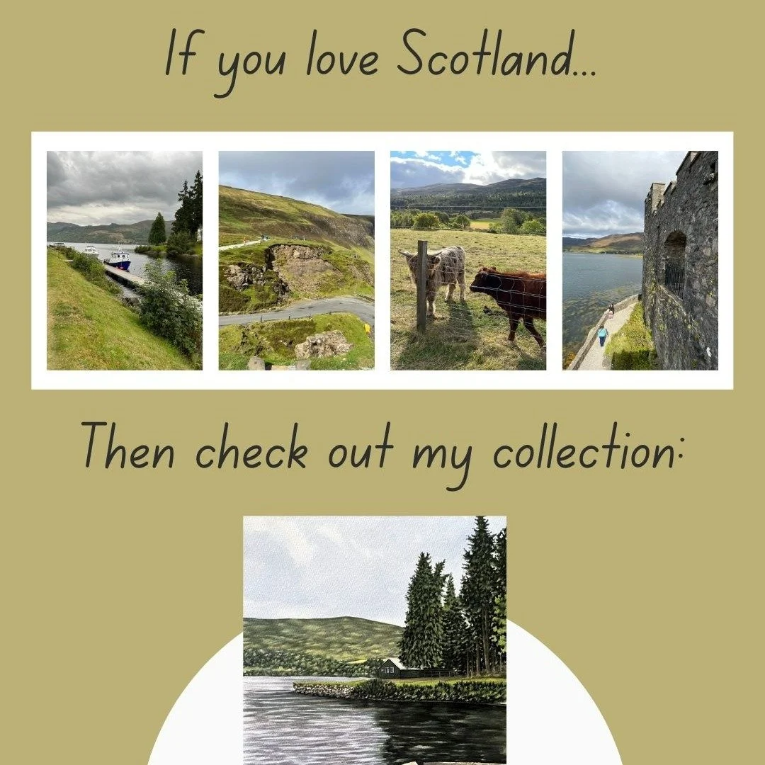 With my latest collection "Scotland&rsquo;s Landscapes: Celebrating the Natural World", I put hours and hours into creating the perfect series of paintings, with: 
💚 Wind-swept Seascapes,
💚 Awe-inspiring Highland Vistas,
💚 Historic Sites