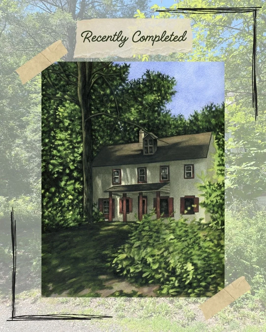 I finished this painting earlier this summer. It is part of a collection I'm currently working on inspired by landscapes in the Philadelphia region. This particular scene was from a walk I took in the Wissahickon Park. I loved the way the house sat a