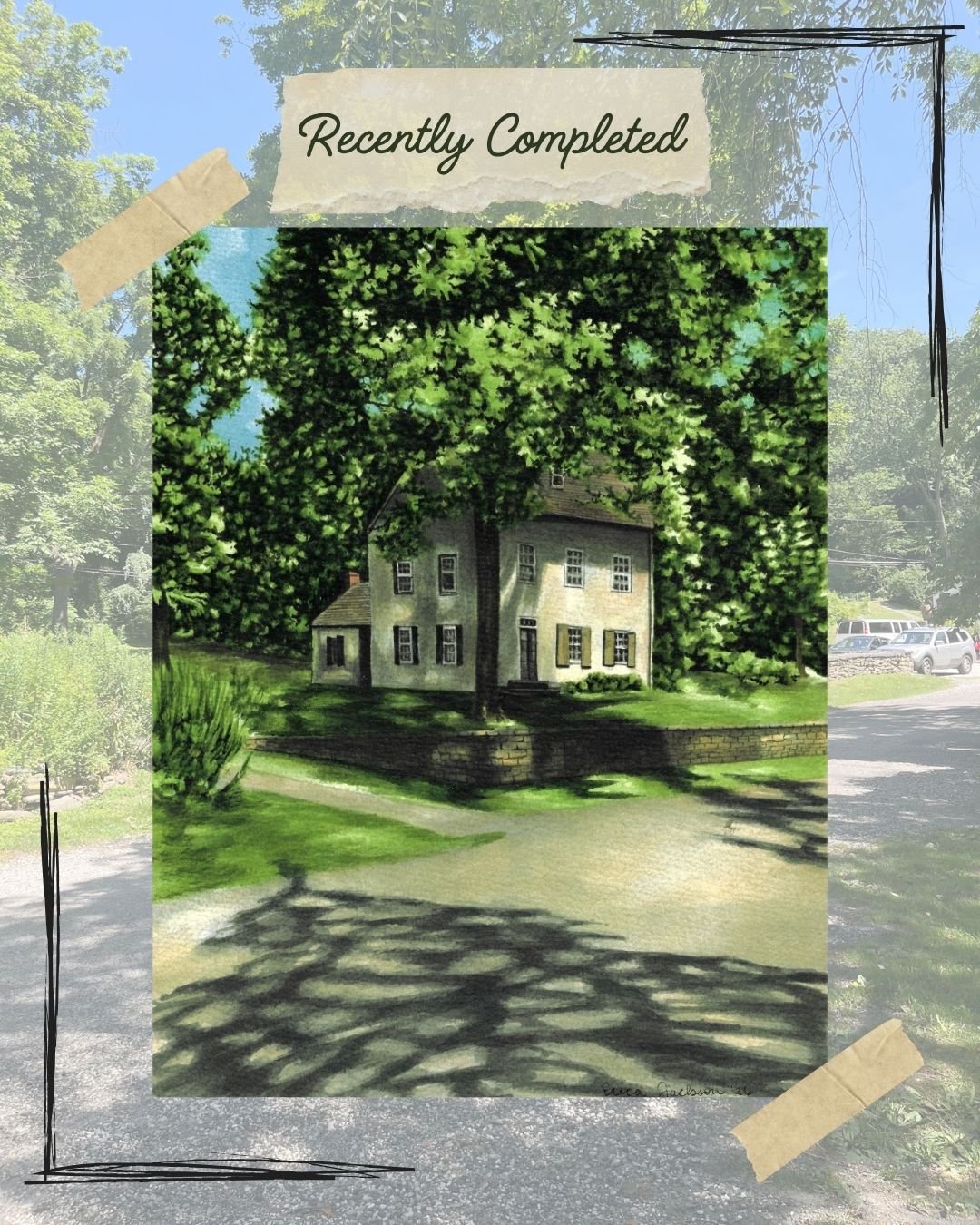 I completed this painting earlier this year. It is inspired by another house I saw on the trail along Lincoln Drive in the Wissahickon. I loved the vibrant greens and blues as well as the dramatic shadows created by those trees. The house was beautif