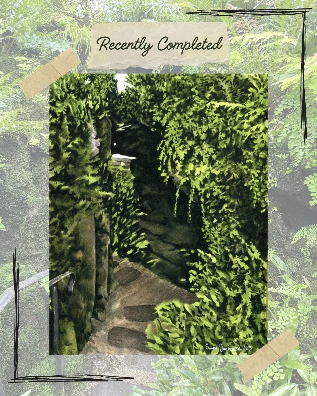 I completed this painting late last year but realized I never shared it with you here. I was inspired by this little indoor garden space at Morris Arboretum. There was this little stone path between and through an archway created from stone and ferns