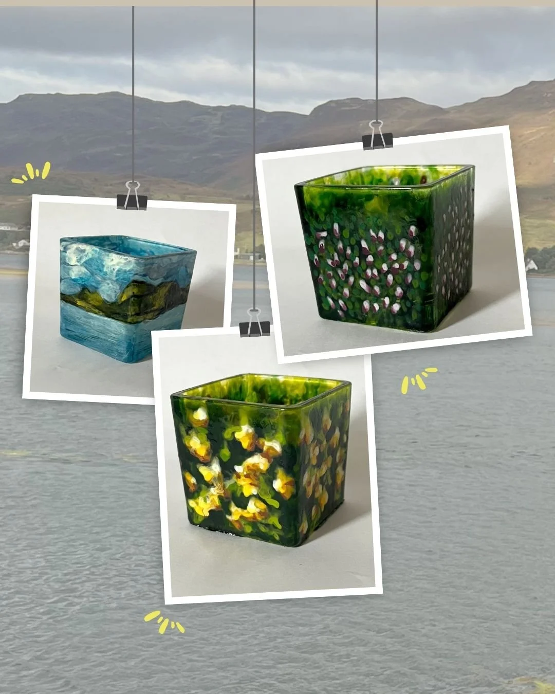 Here are some more of the hand painted glass votive jars that I am releasing next month. In addition to painting landscapes I also have an assortment of florals, different types of flowers nestled in the greenery behind them. I hope you enjoy this co