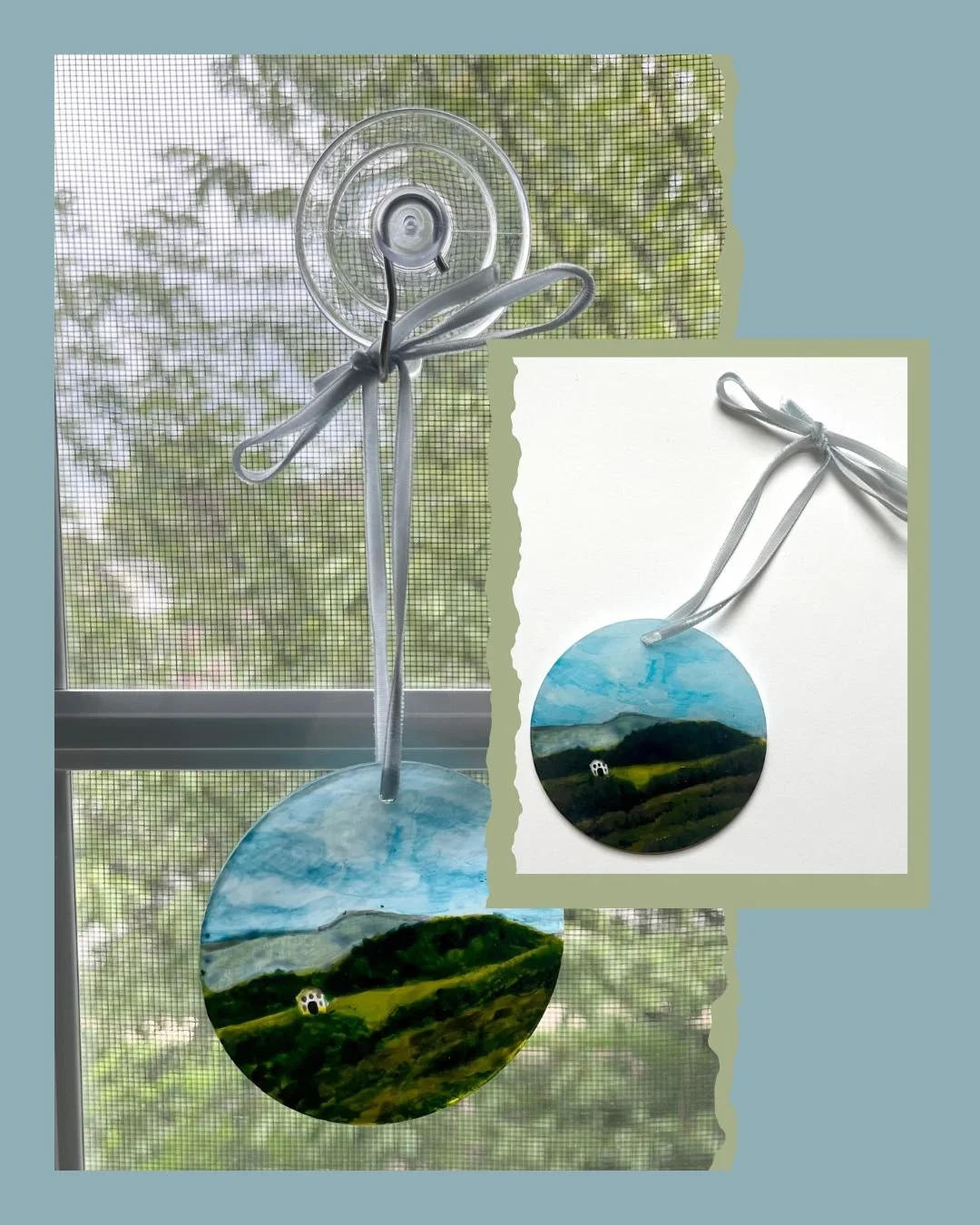 This hand painted suncatcher is part of a collection I will be releasing through my website next month. I am really happy with how these landscapes and florals came out. They look beautiful whether you hang them in your window or on a wall. 

Keep an