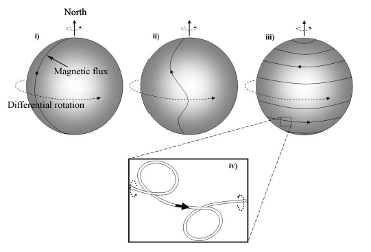 Sorry. Only non-copyrighted image I could find. For better pictures of this, Google image search "differential rotation sun"