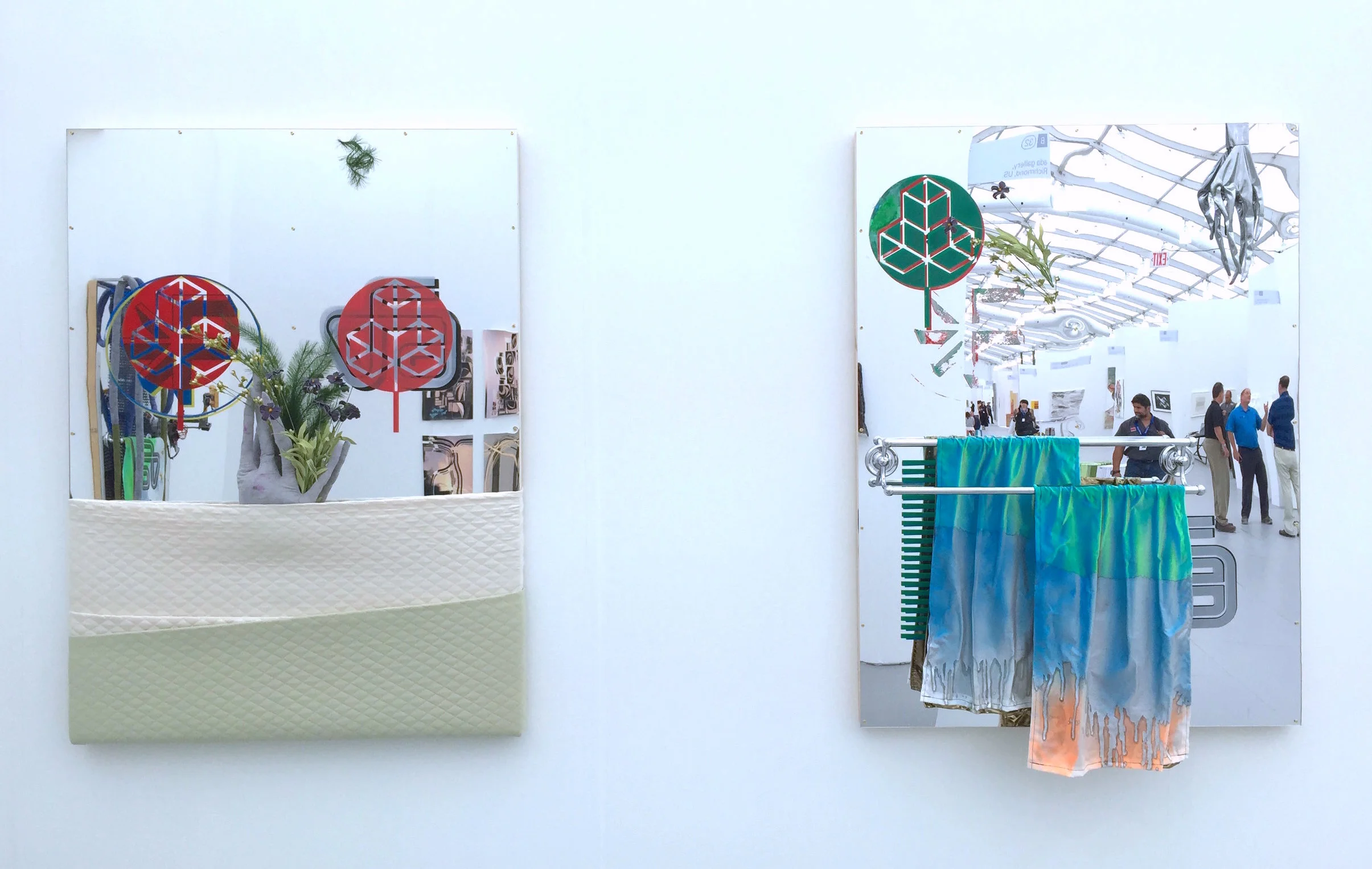 (L) Standard: In Order To Create A Company LinkedIn Page , 2016, 49"x36", metal, fabric, ink, acrylic on mirror plexi. (R) Fw: Your Company's Email Domain Must Be Unique , 2016, 49"x36", metal, fabric, ink, acrylic on mirror plexi.