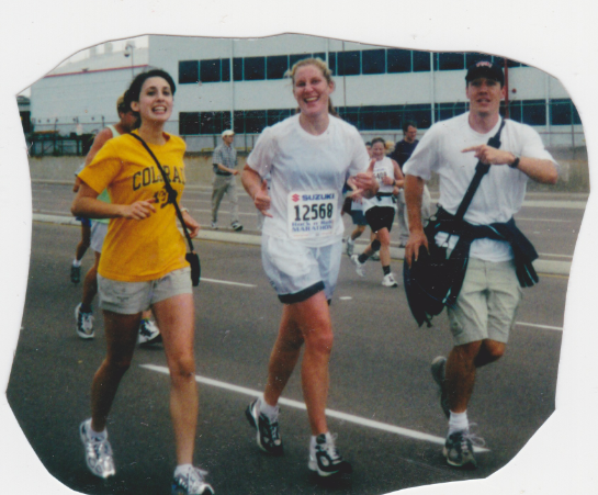 Near the finish of my first marathon, Rock n' Roll San Diego, 2001, alongside my friend Sarah, and my brother Peter.
