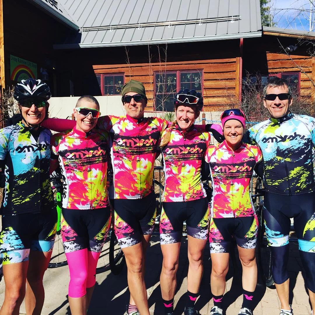A few of us stylish triathletes wearing the Smashfest Queen Lemmon designs at the famous Cookie Cabin on top of Mt. Lemmon. Photo credit: Dan Beaver's FB page. 