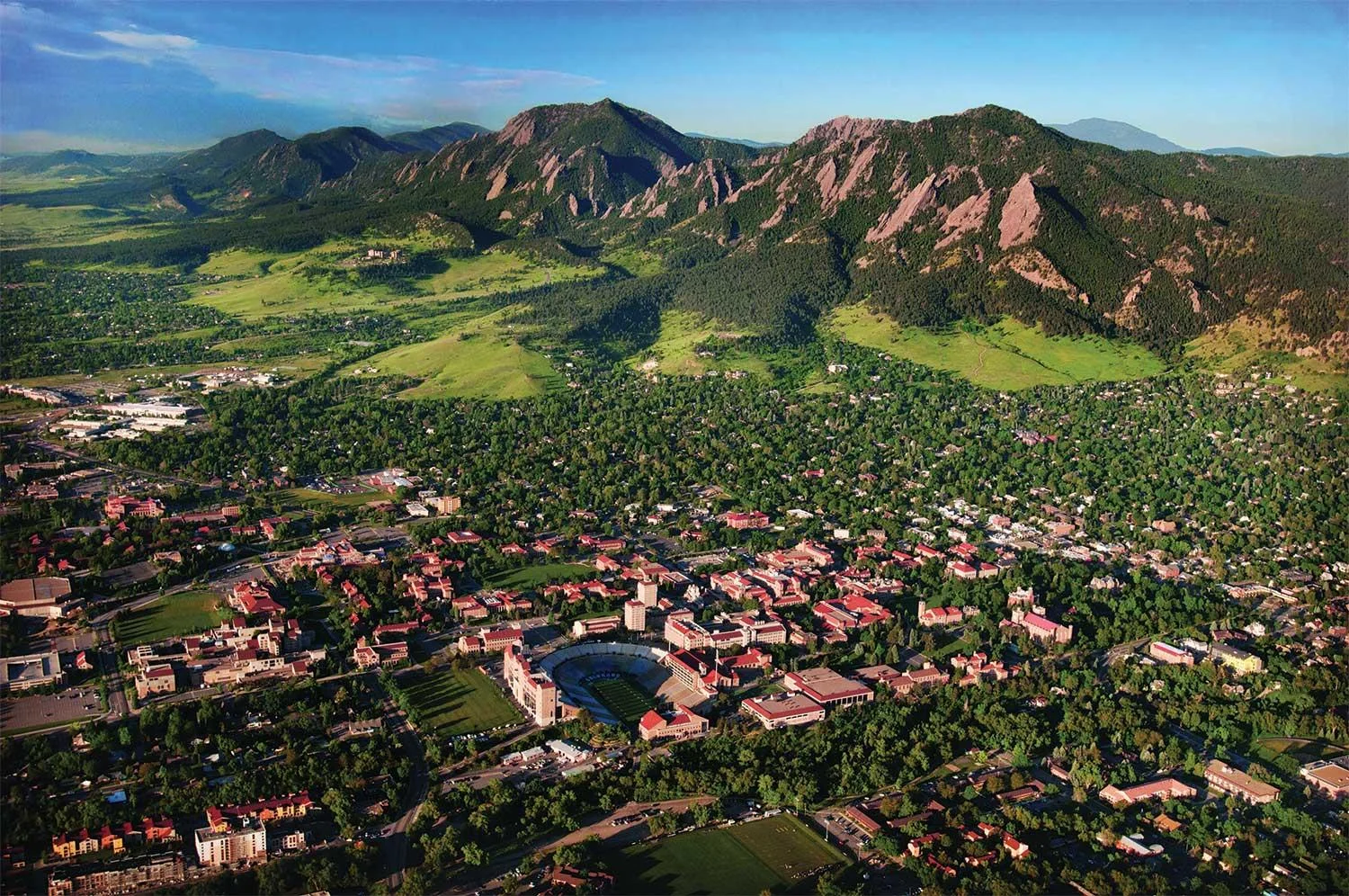 Aerial view of the CU campus in Boulder, CO.