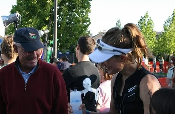 Sharing the Vineman finish-line feels with my Dad and Hannah. Vineman, 2009.