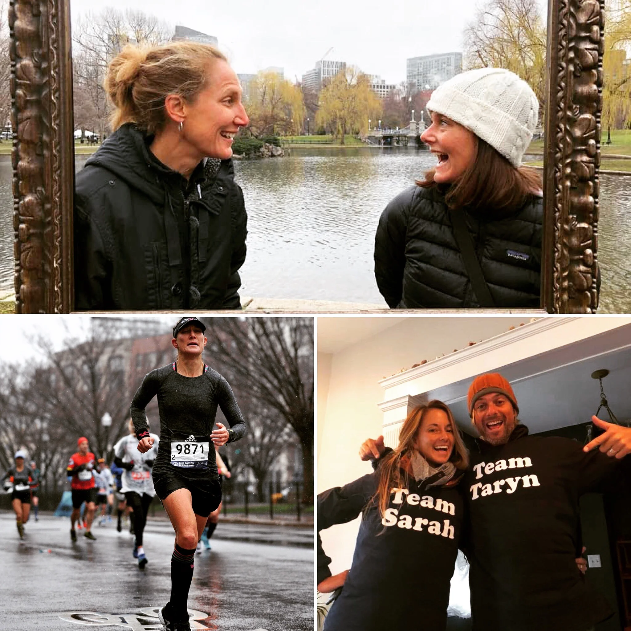 Top, yours truly and my sister Sarah, AKA, two Boston marathon 2018 finishers. Bottom left, a soaked runner nearly to the finish. Bottom right, my brother Bo and his AMAZING wife, Carly, who flew in from Nicaragua to watch us run. The photographers …
