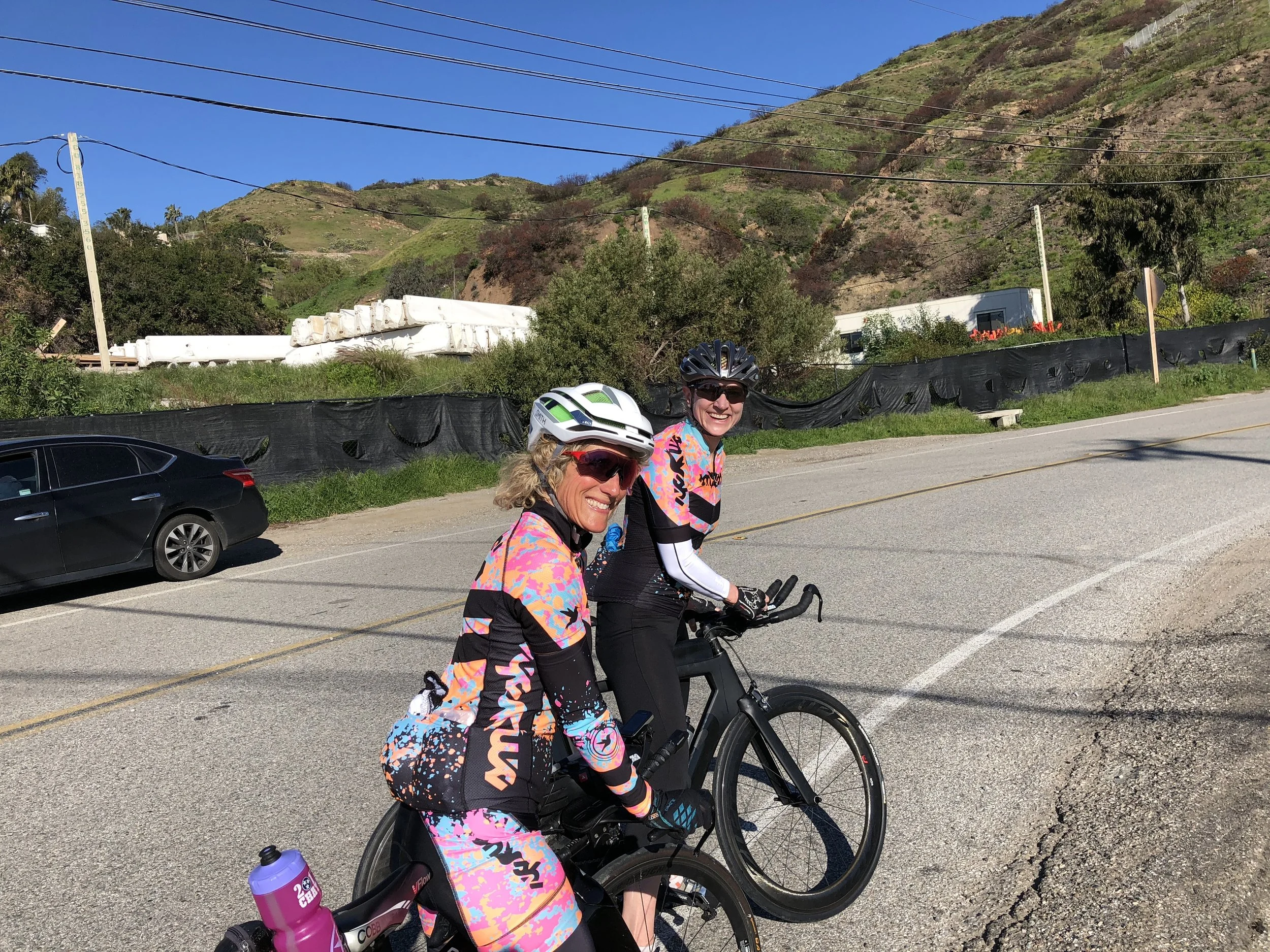 My teammate's Lynne Fiedler and Kat Zeiler, just before chomping up our first climb on Sunday, Latigo Canyon. 
