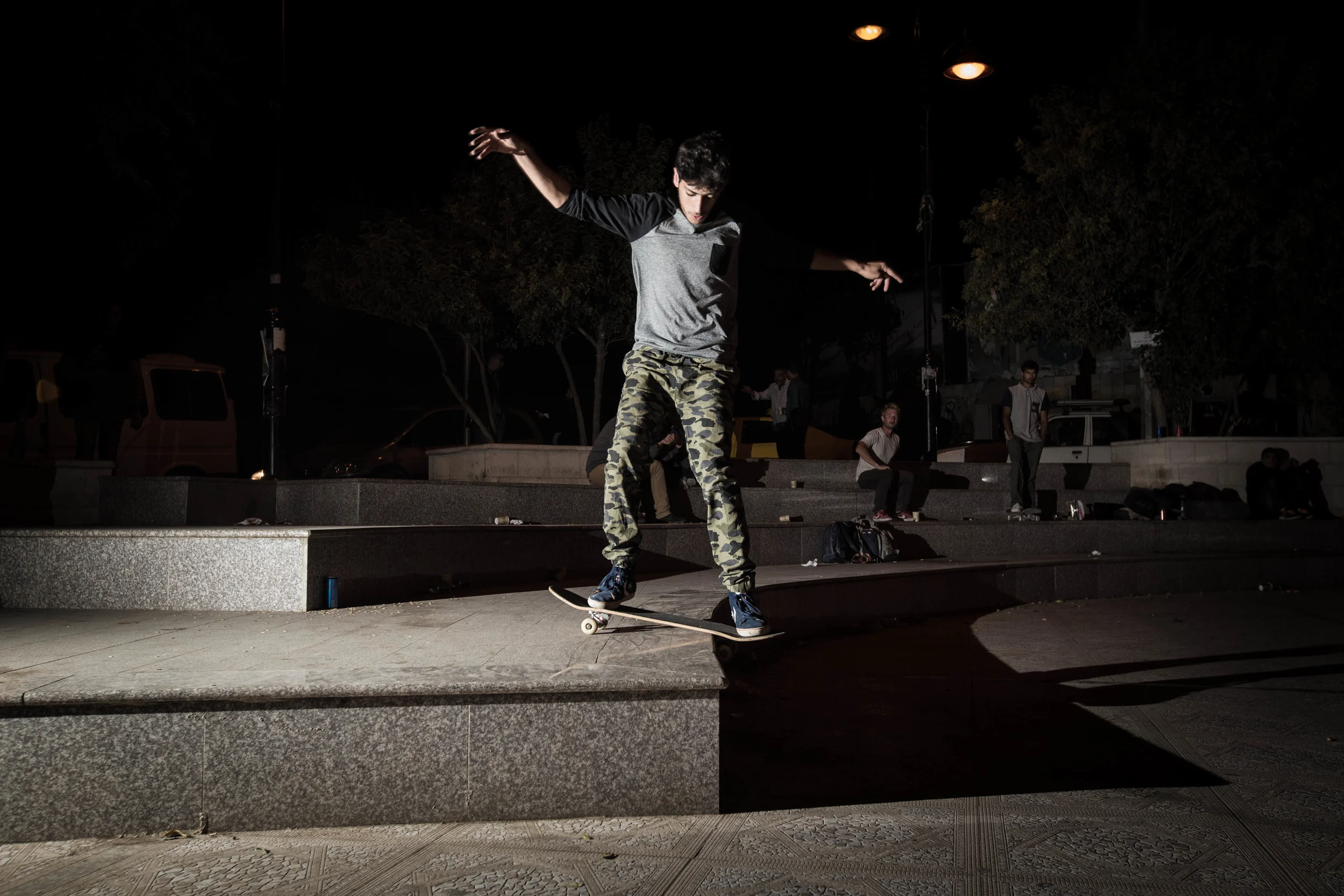 Aram boardslides at the Plaza in Ramallah, 2015. Photo: Emil Agerskov