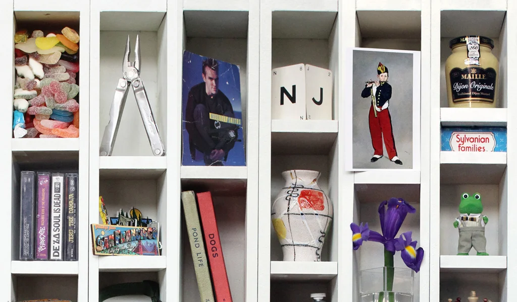 Curiosities shelves in Nick's studio.