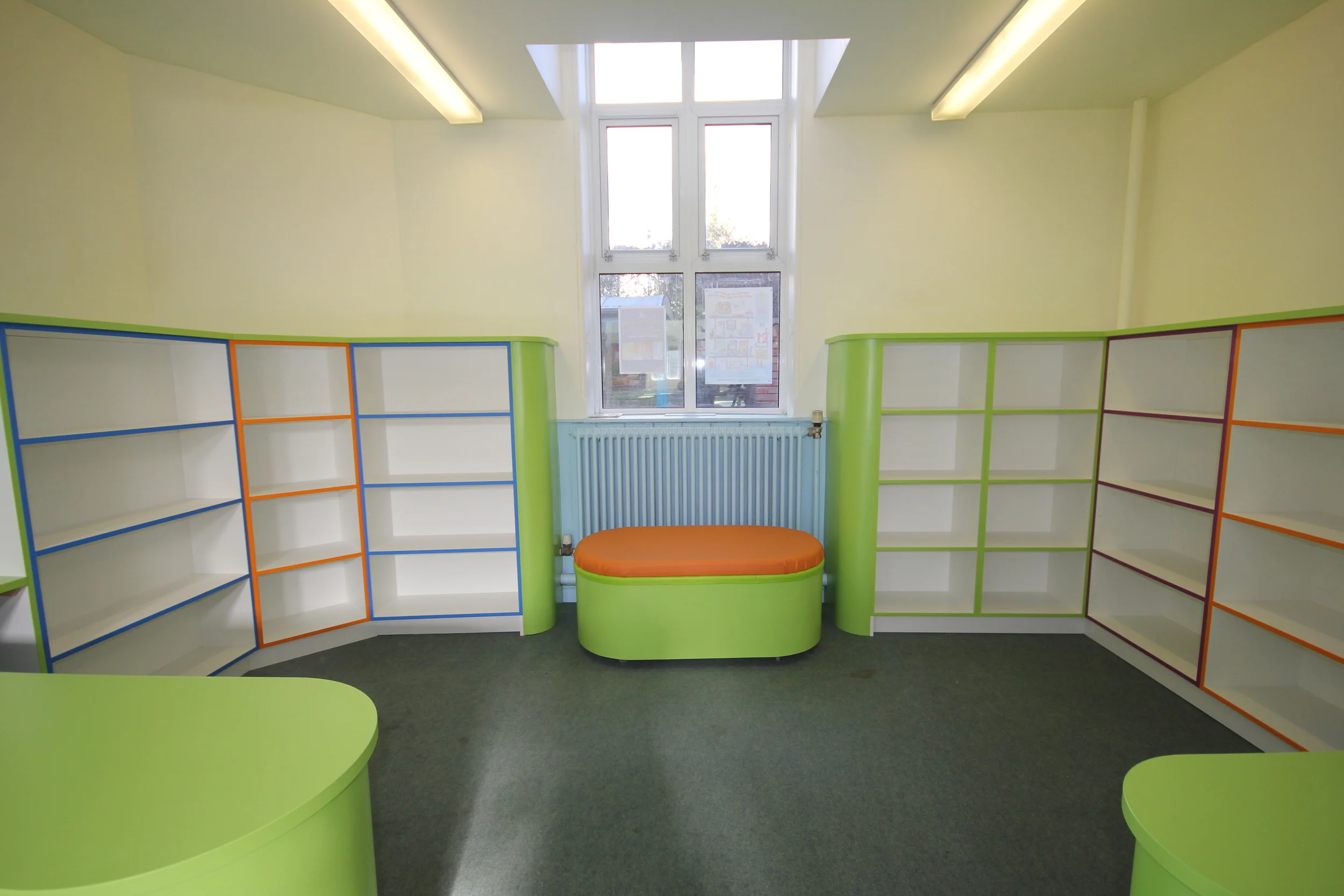 Shelves and moveable seat/storage