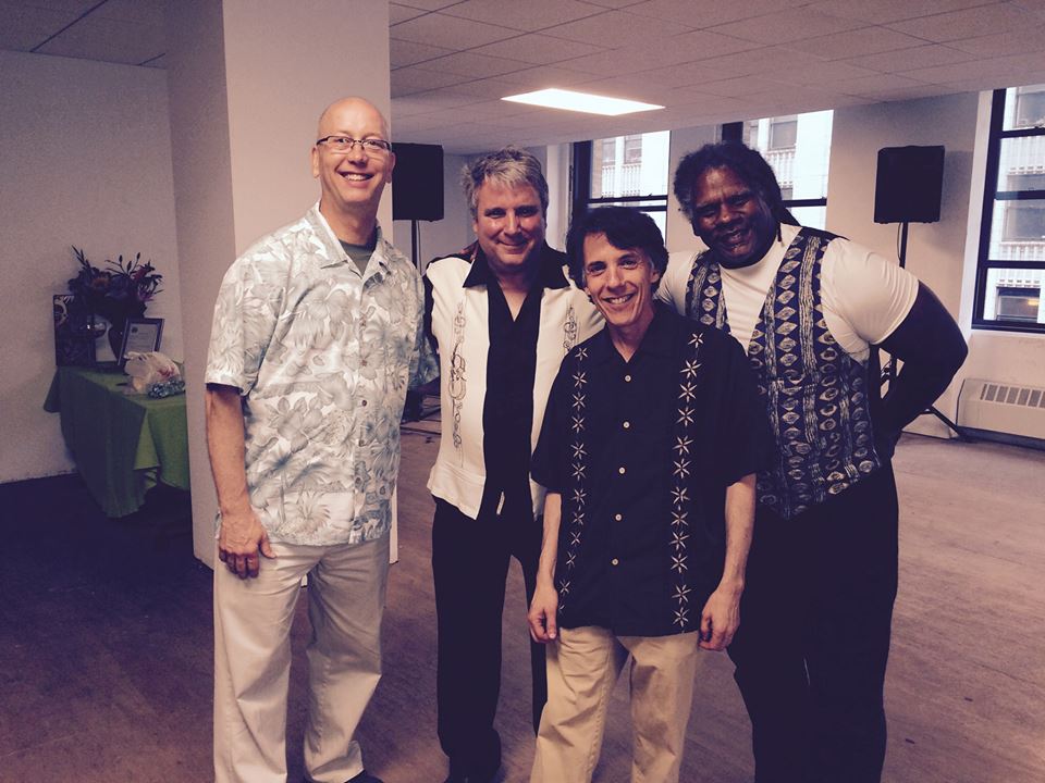 L to R: Mark, with Jim Cornolo (guitar) , Stu Greenspan (bass) , and Angel de Cuba (conga's, percussion and vocals). Mark, Jim, and Stu, were classmates at the American Conservatory of Music.