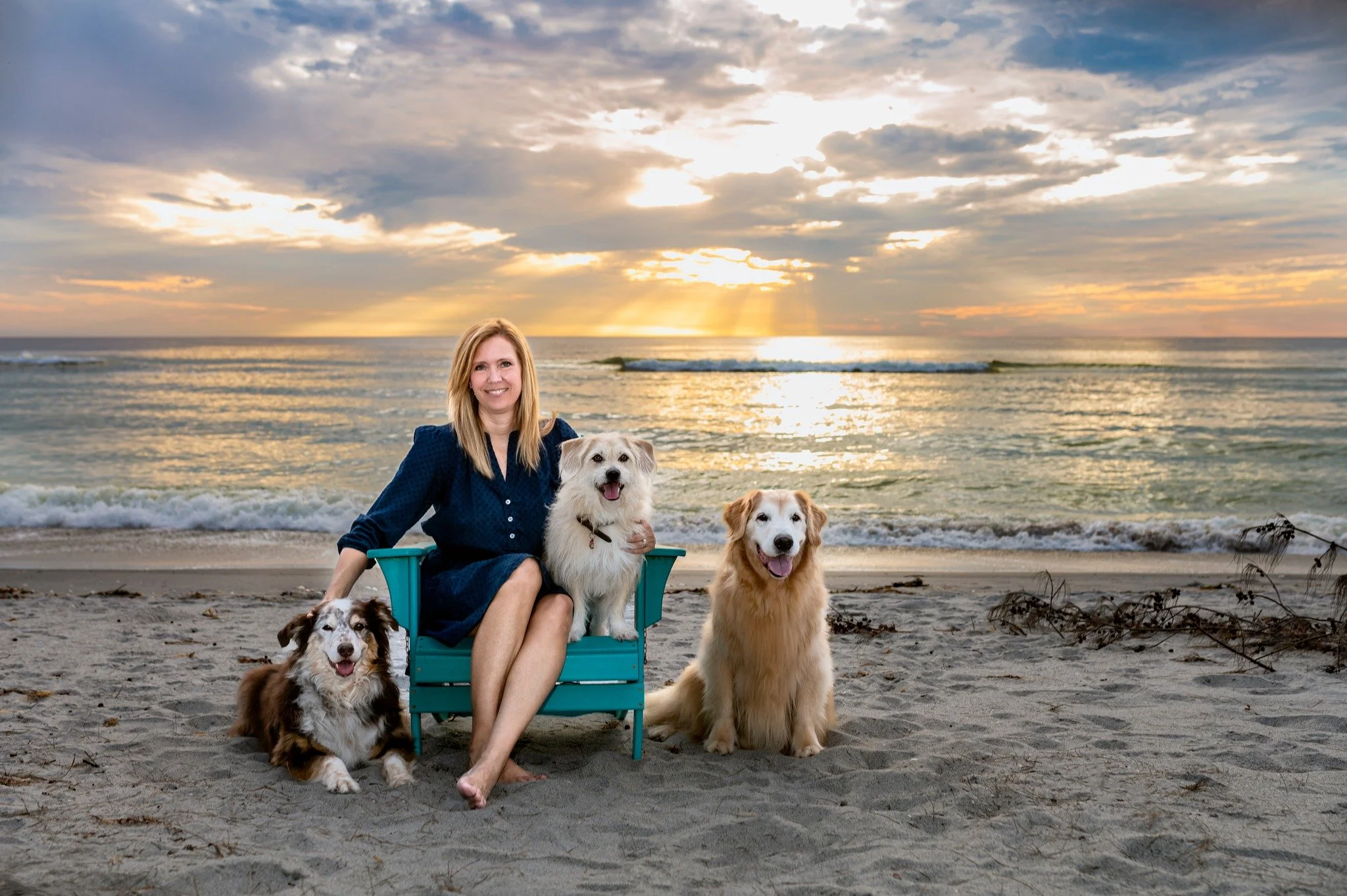 woman with dogs on florida beach at sunset