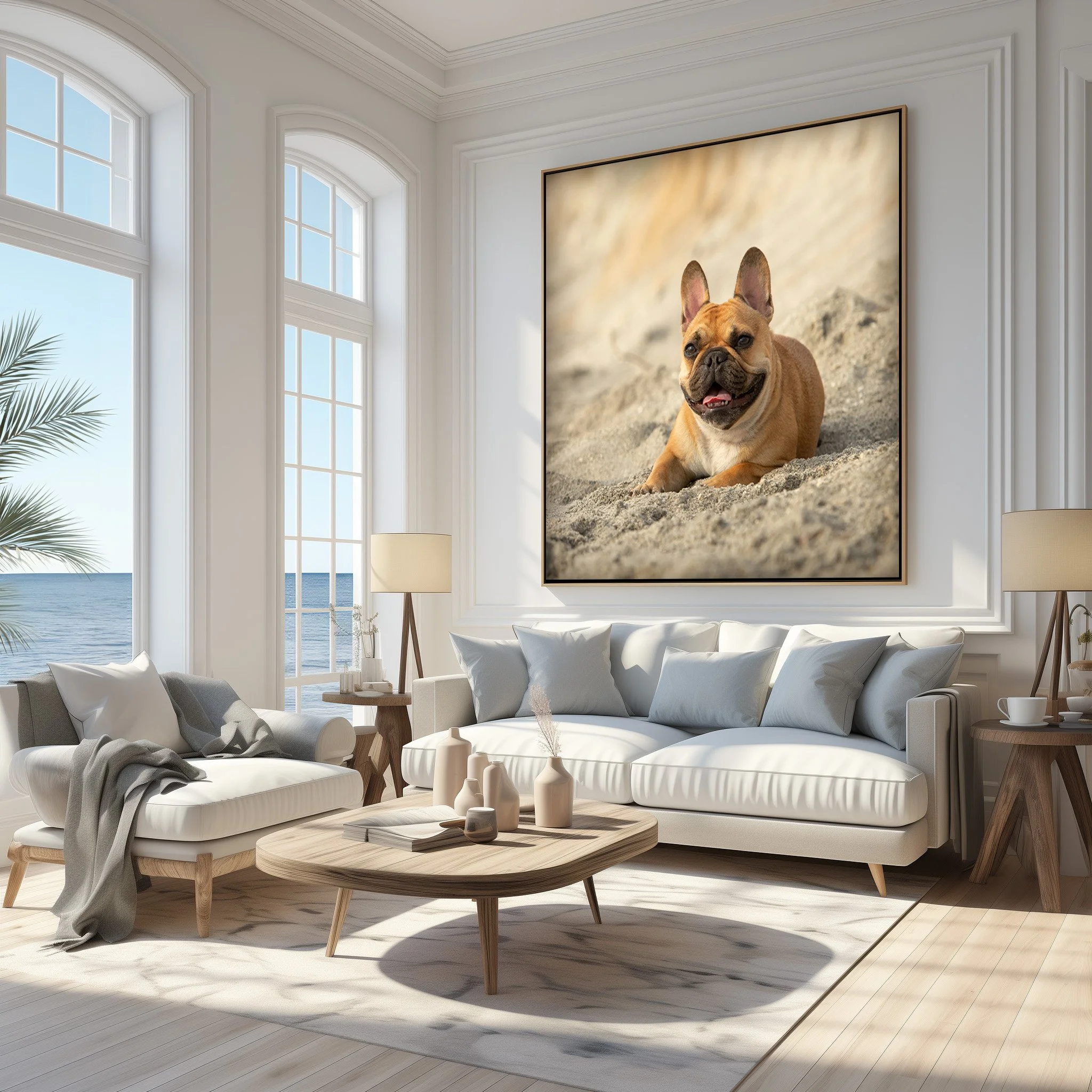 Frenchie wall art in coastal living room mockup