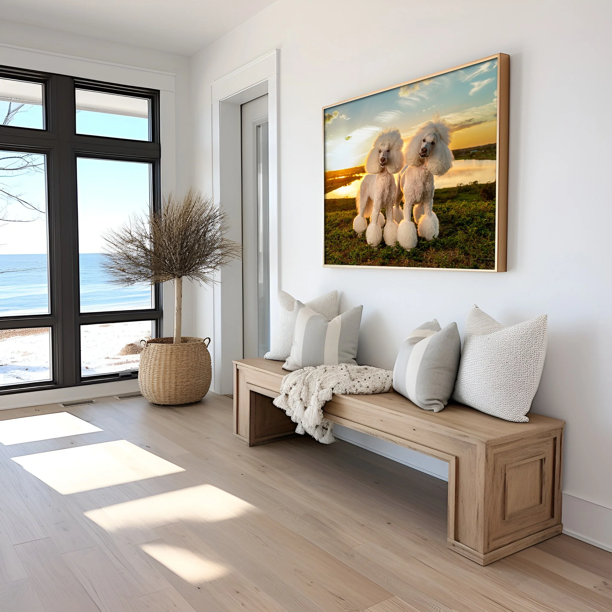 room mockup with photo of poodles at sunset in florida