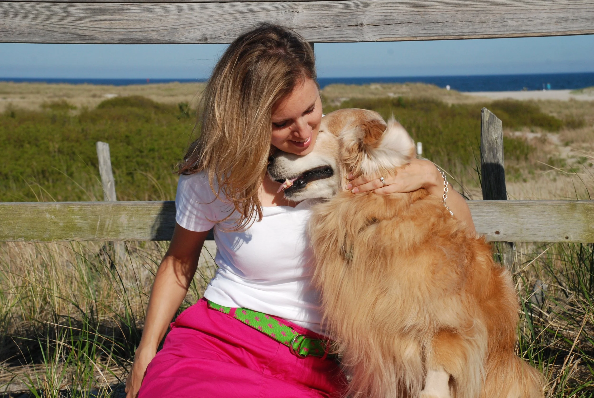 golden retriever snuggling with owner on a beach