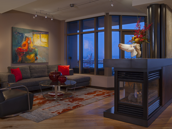 contemporary seattle living room with rusted metal surround over gas fireplace