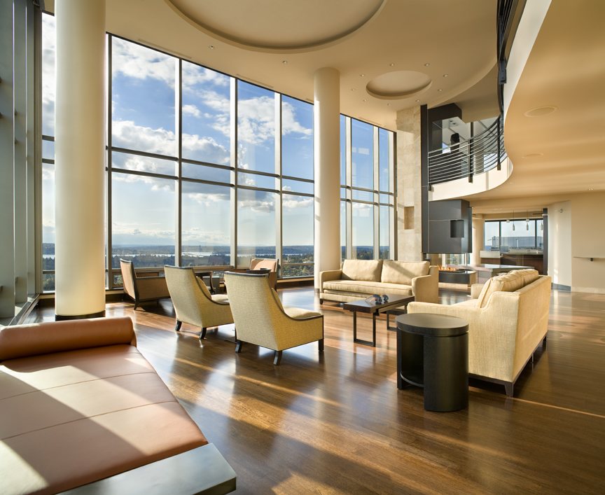 Modern Living Room Design showing a double height space with the second floor overlooking the main Living Room