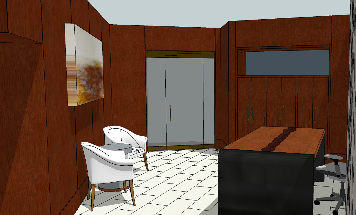 3d image of Seattle Hotel 1000 Madison Tower Lobby with white tile floor, custom maple, glass and metal table, local Seattle art, cherry built-in cabinets and leather wall panels