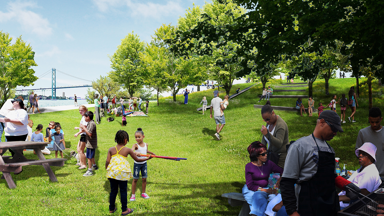 The Play and picnic terraces allow an unparalleled view of the Detroit River and Ambassador Bridge - spaces for family gatherings, children's play, and leisurely strolls. 