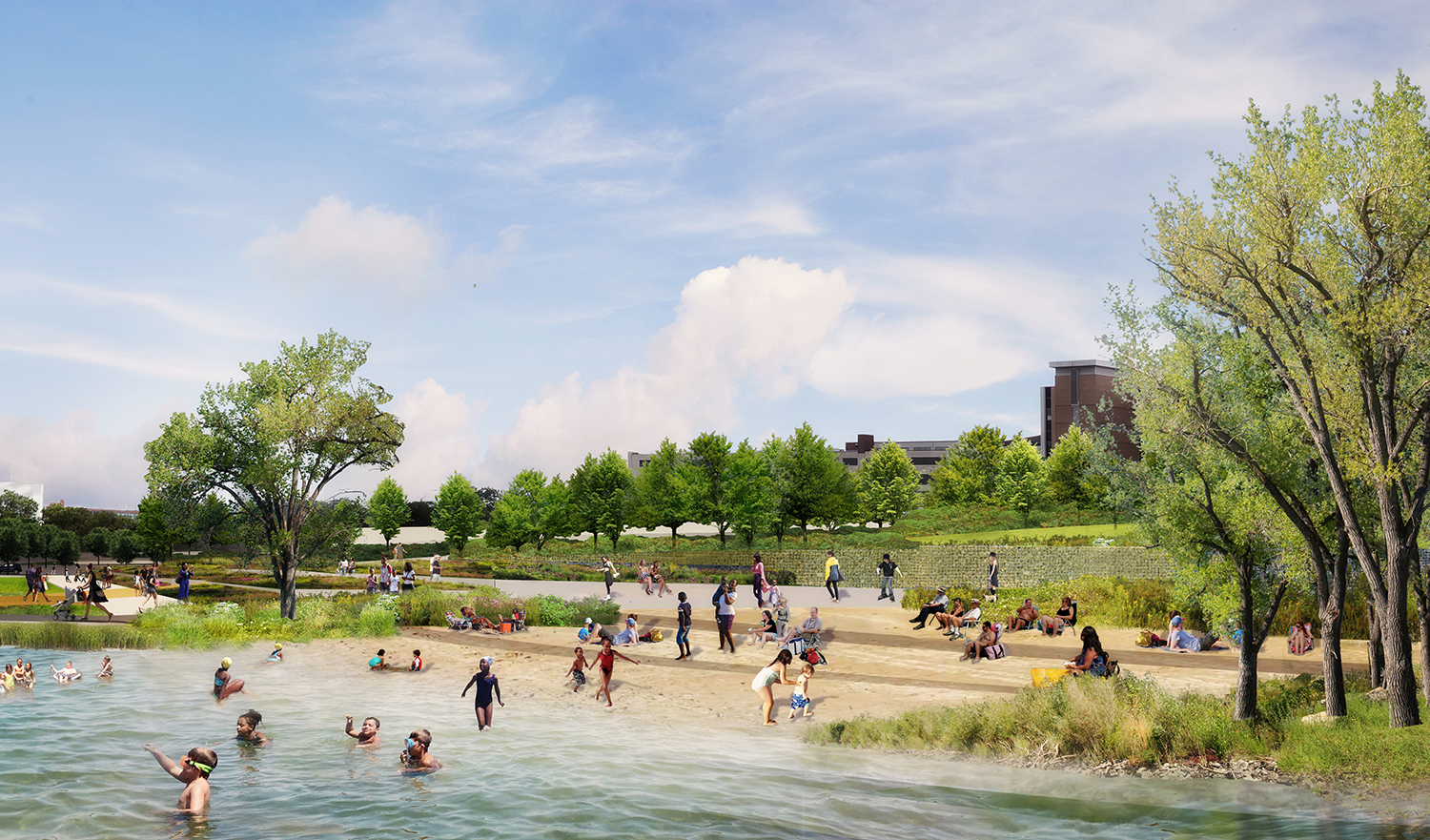 The "riverbank" and "may's creek beach" provide equitable access to the river for all Detroiters and connects to Detroit's International Riverwalk. 