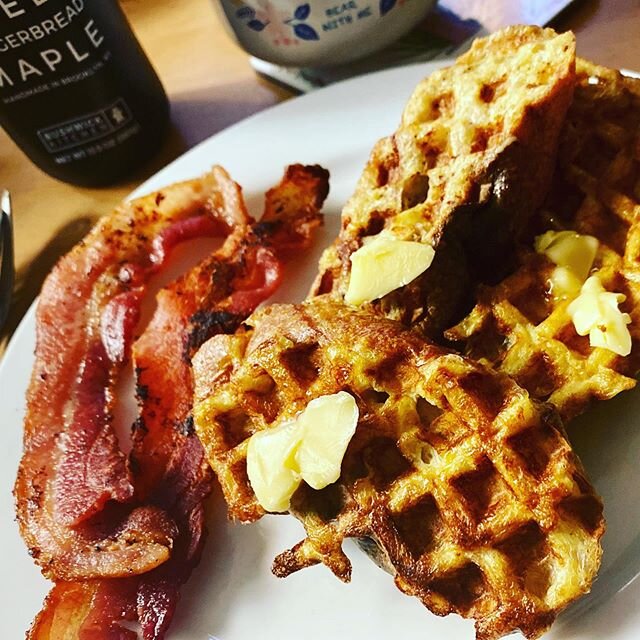 Christmas breakfast win: Waffled French Toast, topped with Finlandia butter (the store was out if Kerrygold butter, my usual fav&mdash; but this is fantastic too!) and Trees Knees Gingerbread Maple Syrup, which is the best thing I&rsquo;ve ever had. 