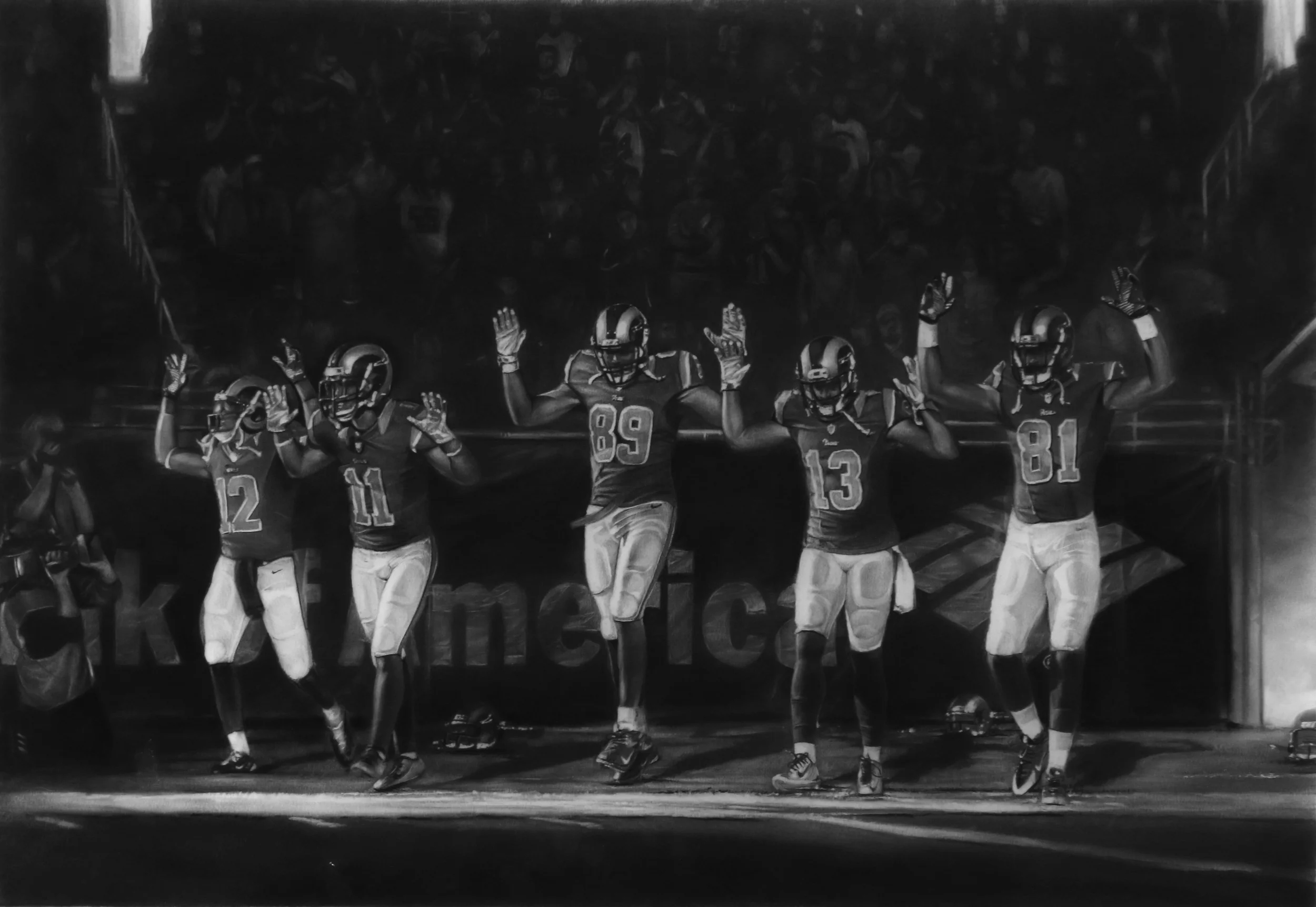Robert Longo Full-scale Study for Five Rams (Ferguson, Hands Up: November 30, 2014), 2015 Charcoal on a Unique Digital Pigment Print in 3 parts 100 x 45 inches (left & right panels - image) 100 x 56 inches (center panel - image) 100 x 146 inches (overall - image) 100 x 150 inches (overall - paper) Courtesy of the Artist and Metro Pictures, New York