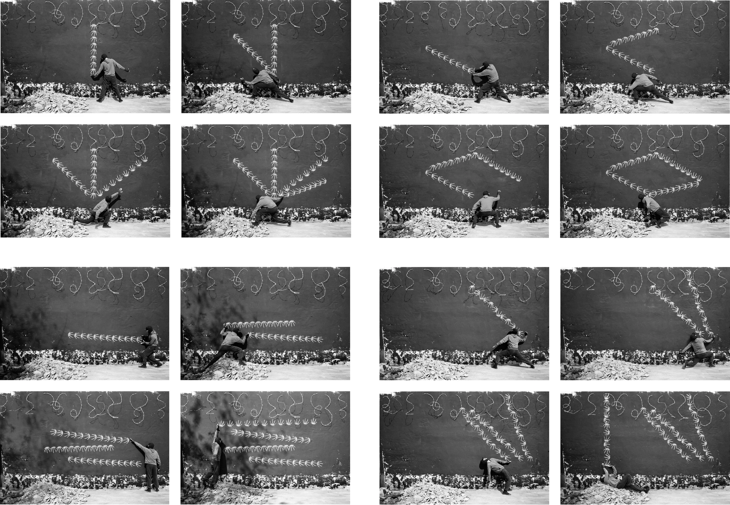 Robin Rhode Four Plays, 2012-2013 Black and white inkjet print 16 parts, each: 16.375 x 24.25 x 1.5 inches Overall: 71.81 x 103.31 x 1.5 inches Edition 3 of 5, 2AP Courtesy of the Artist and Lehmann Maupin, New York and Hong Kong