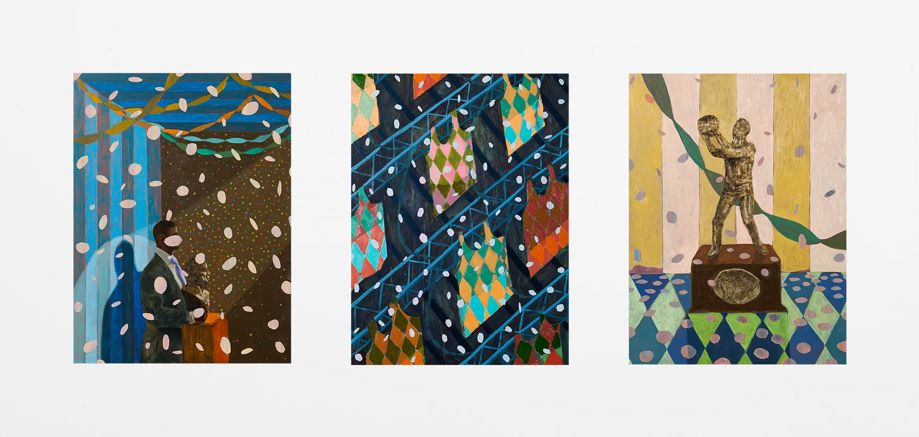 Derek Fordjour Closing Ceremony, 2016 Oil, acrylic and foil on three wood panels 24 x 18 inches (each) Courtesy of the Artist
