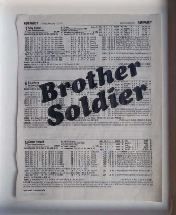Sadie Barnette Untitled (Brother Soldier), 2015 Graphite on Newspaper racing form 8 x 10 inches Courtesy of the artist